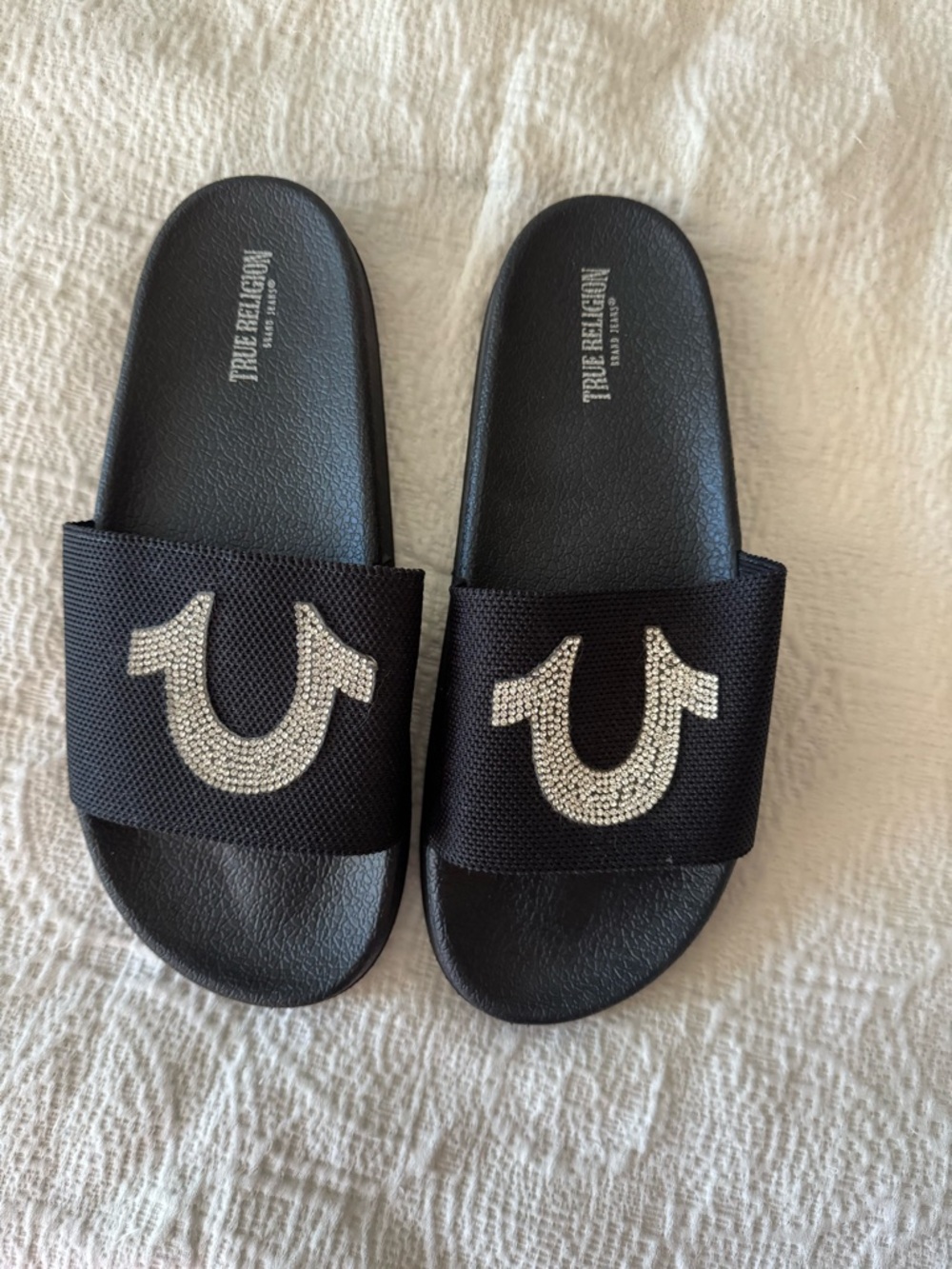 True Religion Black Slides with Silver Rhinestone Horseshoe